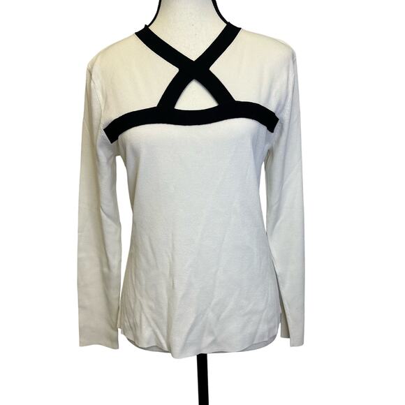 Vintage B. Moss Tailor Black & White Keyhole Cut-Out Long Sleeve Top - Size L - Picture 1 of 6